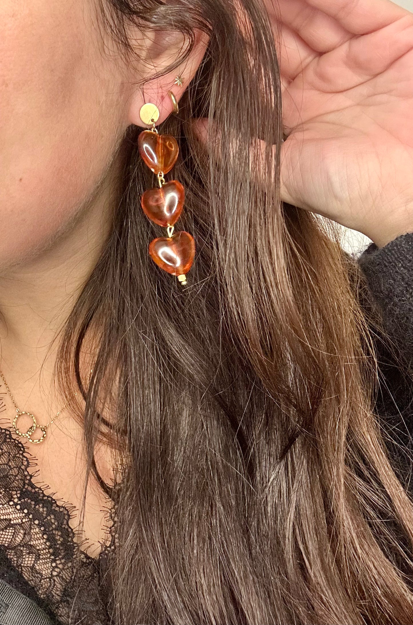 TRIOLOVE - Boucle d’oreille cœur marron x3