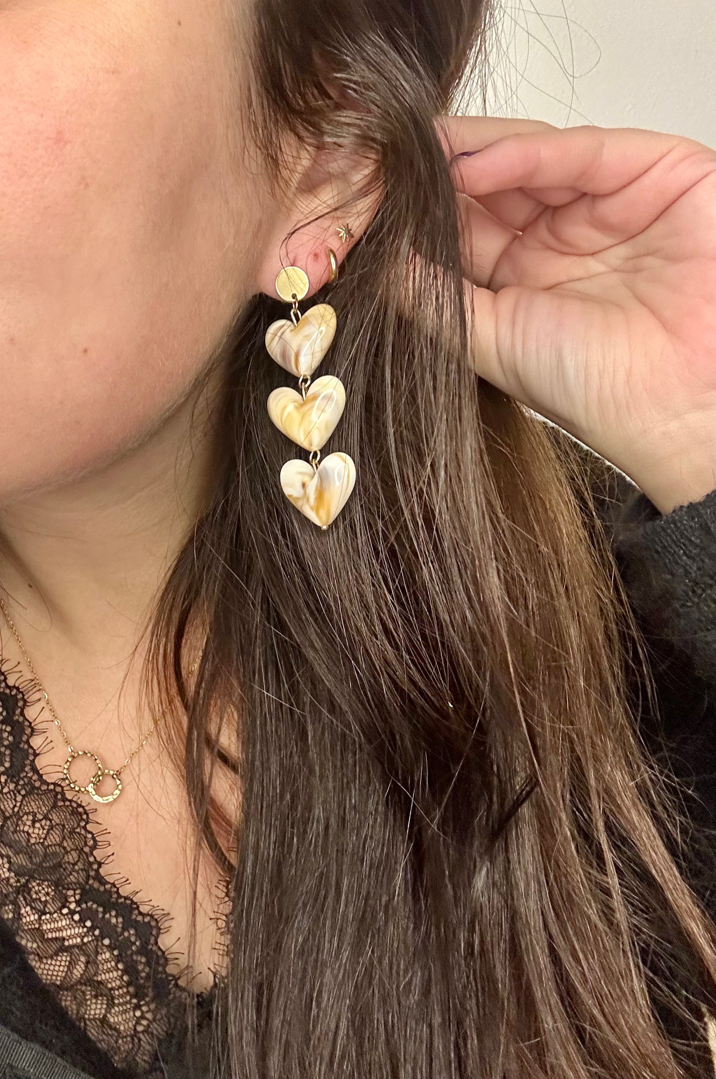 TRIOLOVE - Boucle d’oreille cœur caramel x3